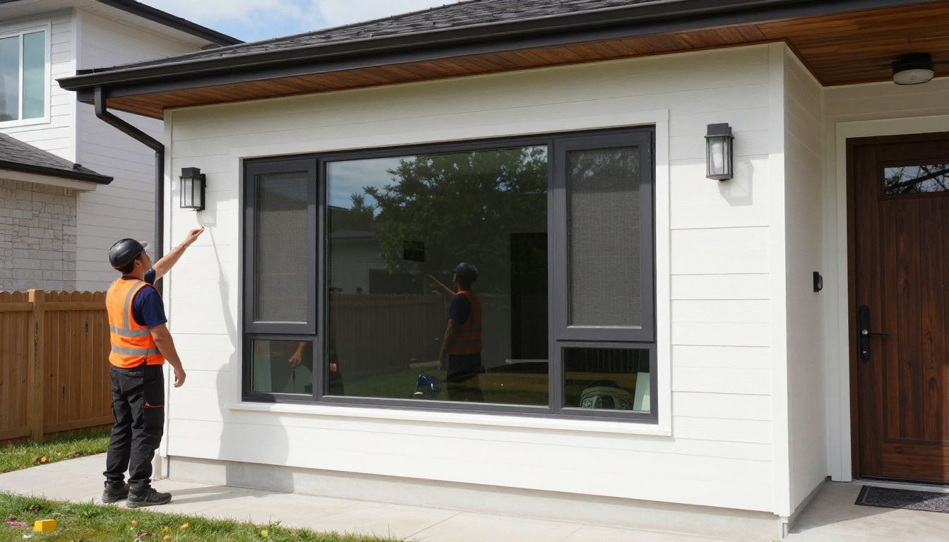 A professional window installation team working on a modern residential home in the Chicago suburbs, showcasing high-quality vinyl windows and clean exterior siding.