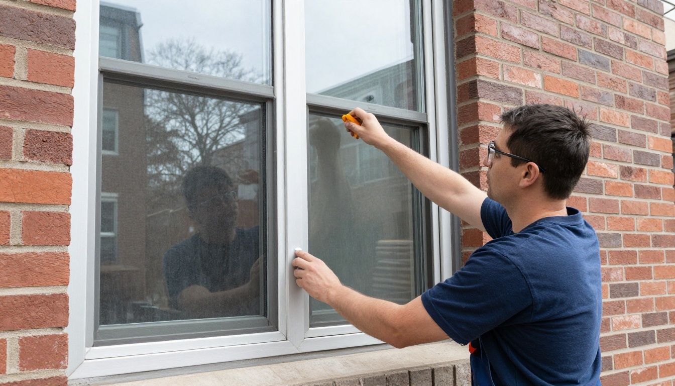 A professional window technician installing a premium, energy-efficient window in a beautiful Chicago home during a bright day.