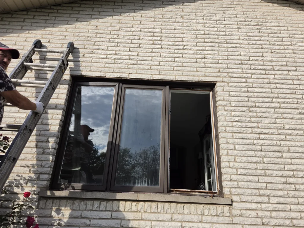 Dark-framed window before replacement at a Homer Glen home