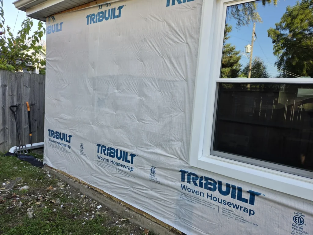 Housewrap and window perimeter detail at the Campbell Street home in Des Plaines