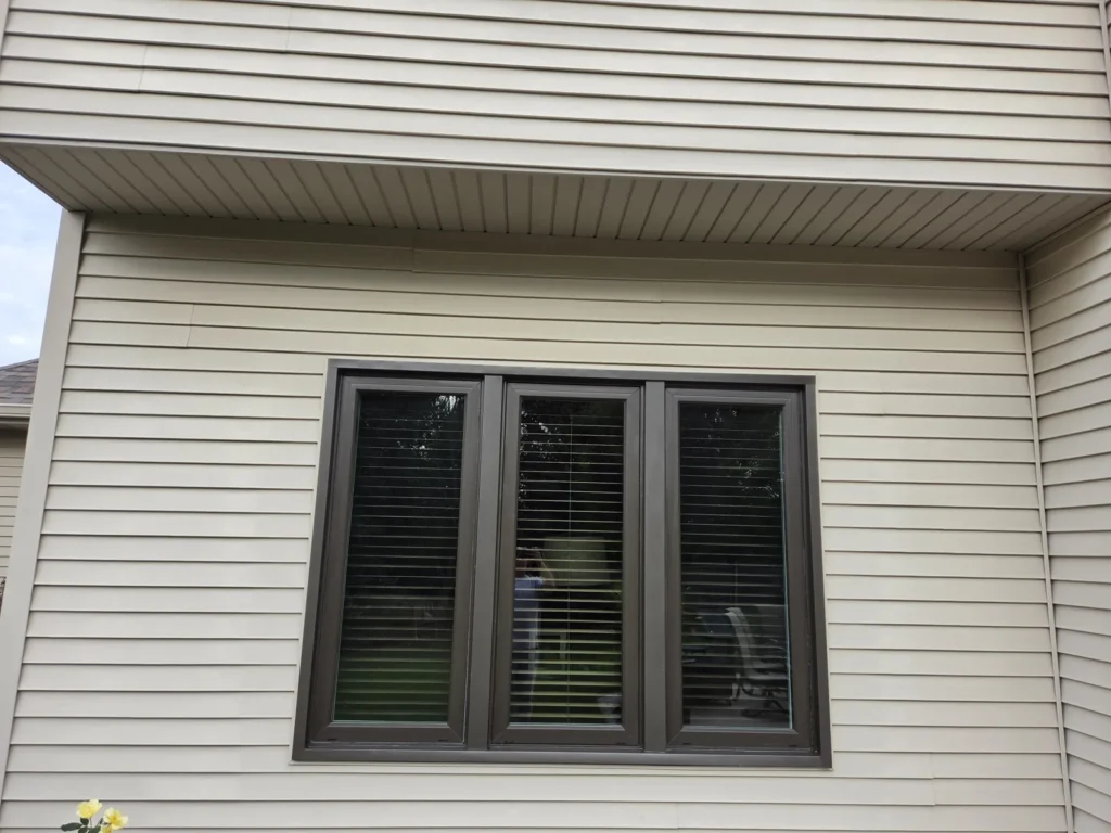 Dark-framed rectangular window in light siding at the Homer Glen project